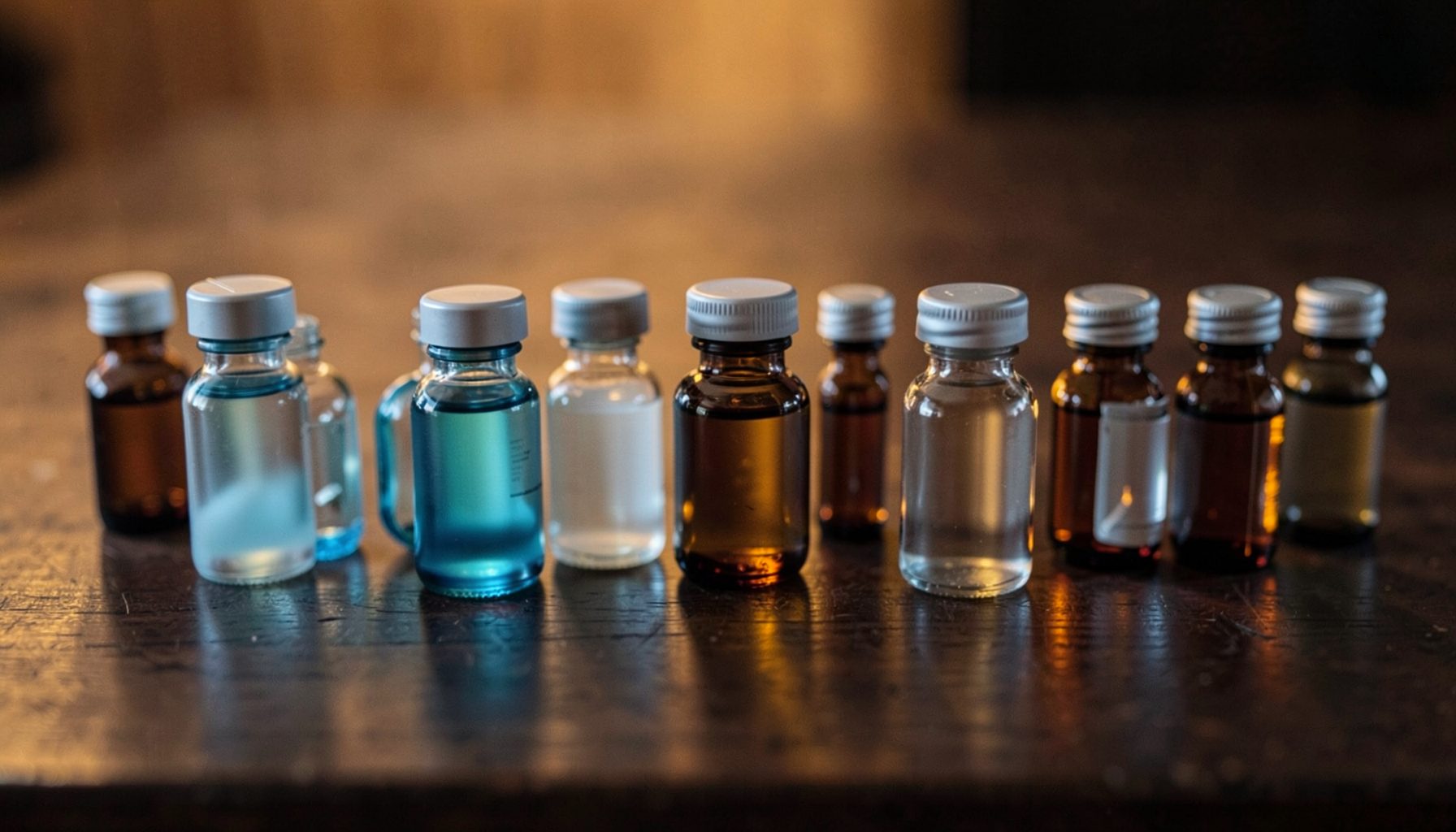 A row of small glass medicine bottles in soft blue and amber tones, arranged on a dark wooden surface with warm, low lighting.