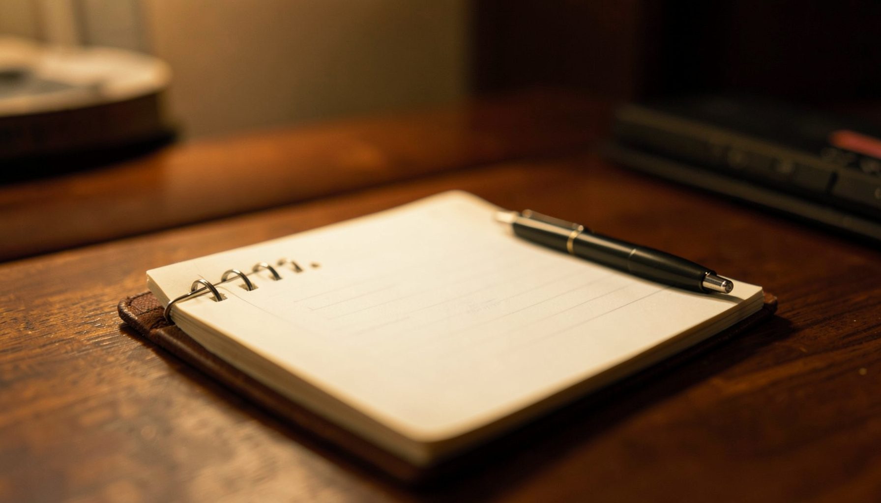 A softly lit desk scene with a notepad and pen in warm amber and deep brown tones, conveying a calm and approachable atmosphere.